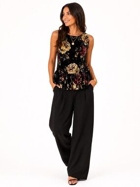 Ginger G Velvet Floral Peplum Top Black Rose Whimsigoth Dark Boho Vintage S